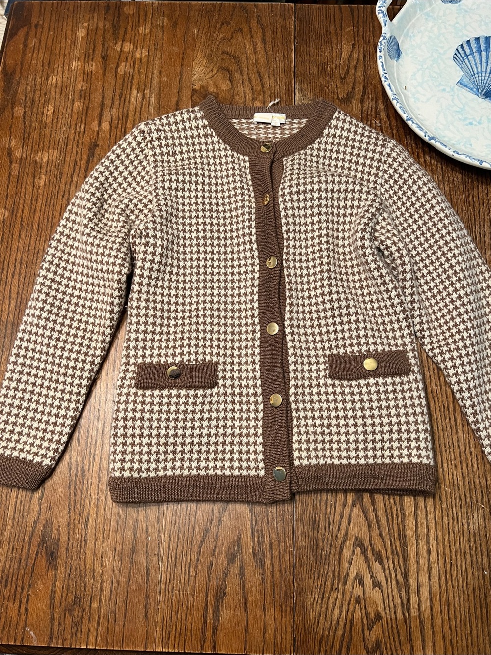 Brooks Brothers Brown and Cream Houndstooth Knit Cardigan